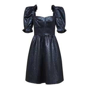 NWT Saloni Rachel D Knee Dress in Metallic Midnight Size 6 Metallic Puff Sleeve‎